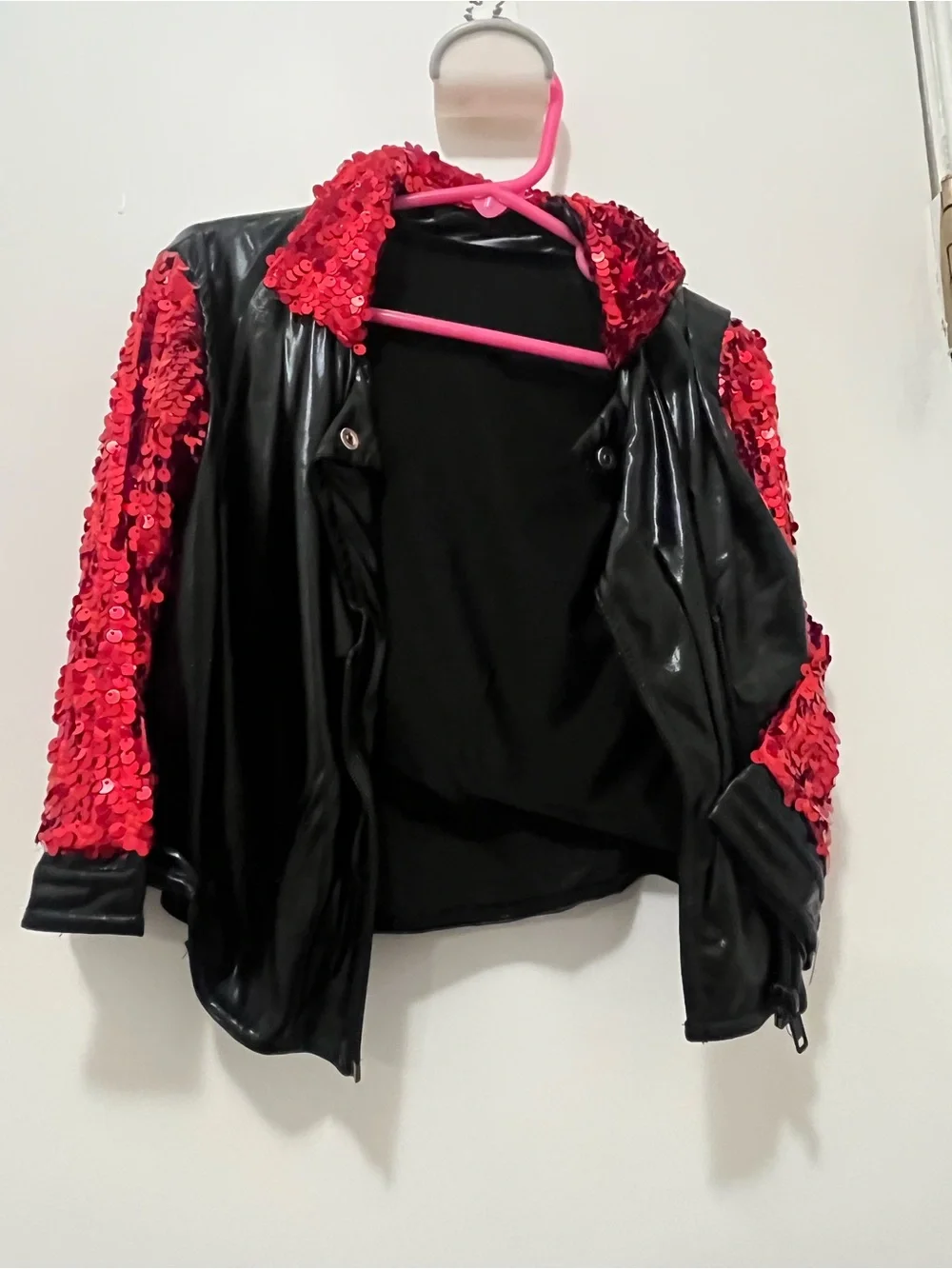 Weissman Red Sequin Layered Party Dress with Black Faux Leather Jacket